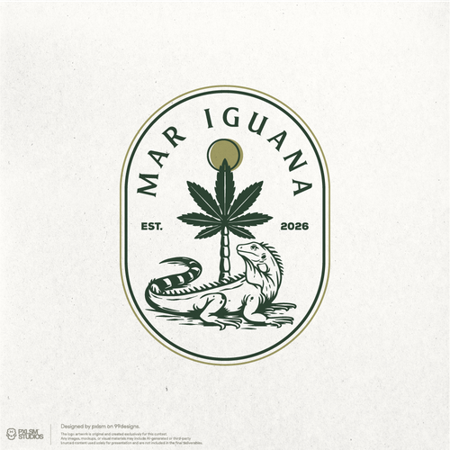 Palm tree logo with the title 'Mar Iguana Tropical Badge Logo'
