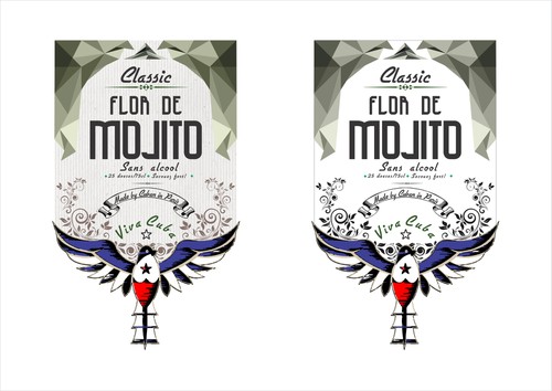 Bird label with the title 'Create a bottle label for a trendy authentic natural syrup used to prepare Mojitos!'
