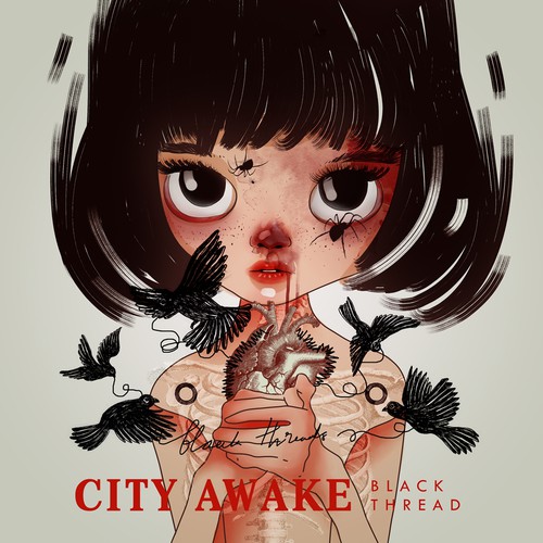 Illustrative artwork with the title 'City Awake - Black Thread album illustration'