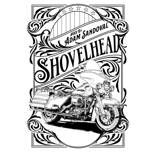Harley Davidson design with the title 'Harley davidson shovelhead with victorian border frame style'