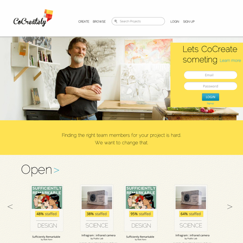 Yellow website with the title 'Frontpage for CoCreately. Planning to hire winner for more pages.'