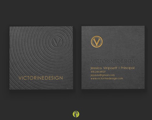 Golden design with the title 'Who said business cards have to be boring?  Victorine Design needs a fresh + sophisticated layout!'