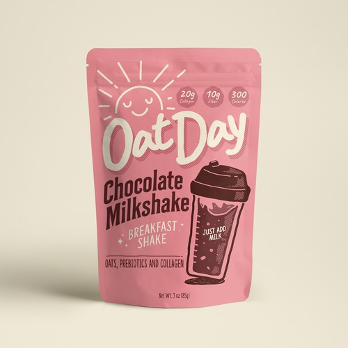 Pink packaging with the title 'Packaging design for Oat Milkshake'
