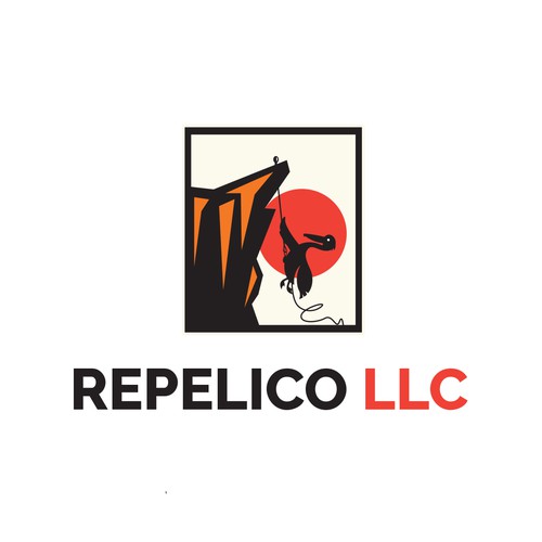 Pelican logo with the title 'pelican rappelling over the side of a cliff'