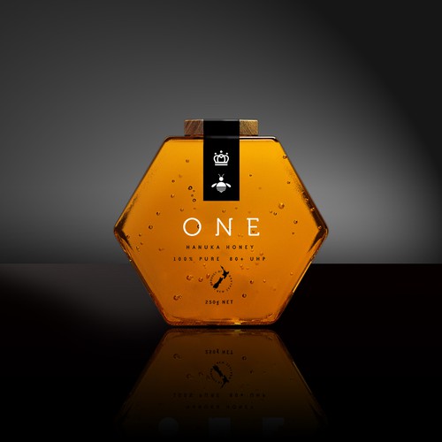 Honey packaging with the title 'One Manuka Honey bottle label'
