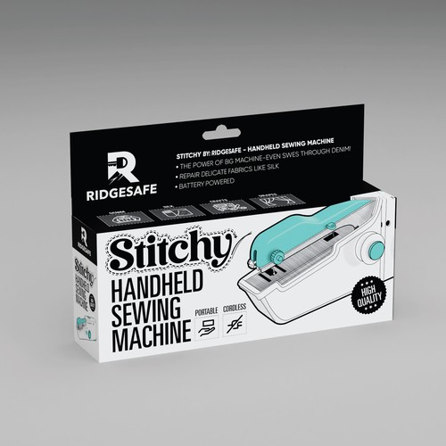 Mockup packaging with the title 'STITCHY Handheld Sewing Machine Box for Ridgesafe'