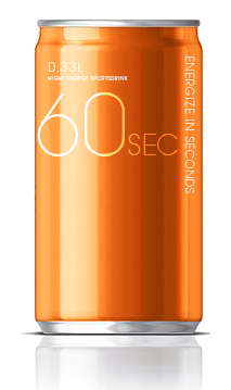 Energy drink label with the title 'Product label for "60 seconds" ENERGY DRINK. Guaranteed to award the prize!'