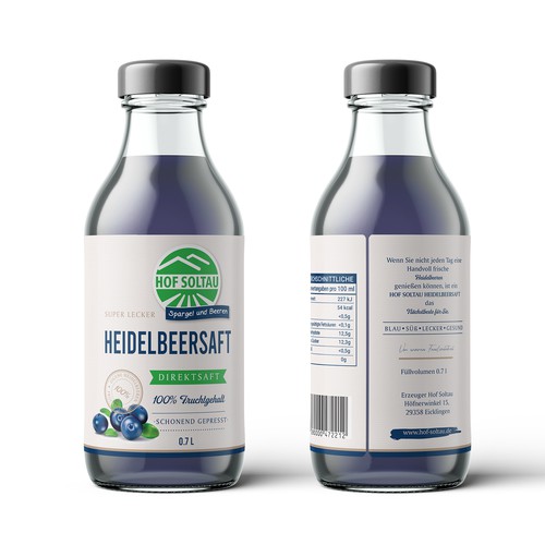 Juice label with the title 'Projekt 1/10 Heidelbeersaft direkt vom Bauern'