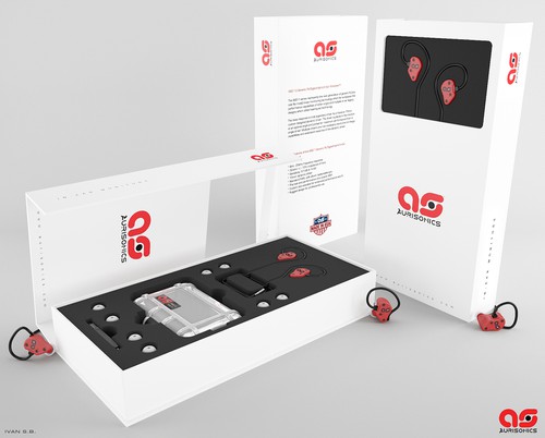 Earphone design with the title 'Aurisonics Retail packaging'