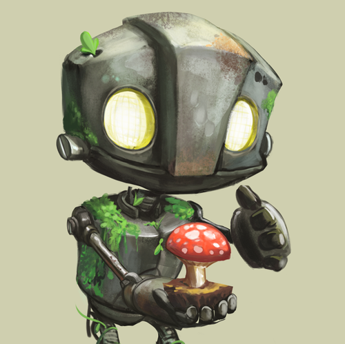 Cute artwork with the title 'Solarpunk Robot illustration'