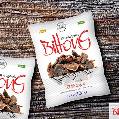 White label with the title 'JON KRUGER´S Biltong - PRODUCT LABEL WANTED'