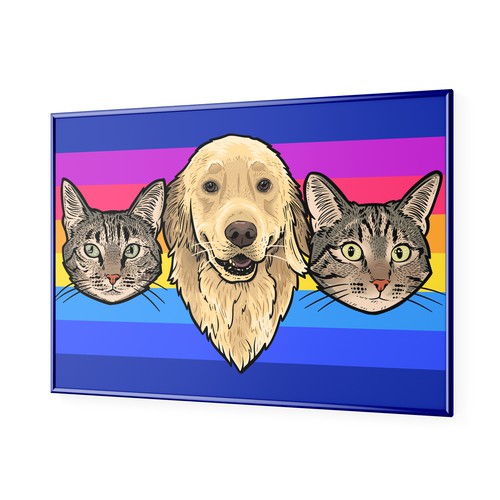 Digital artwork with the title 'Custom Pet Portrait Wall Art with Colorful Striped Background'