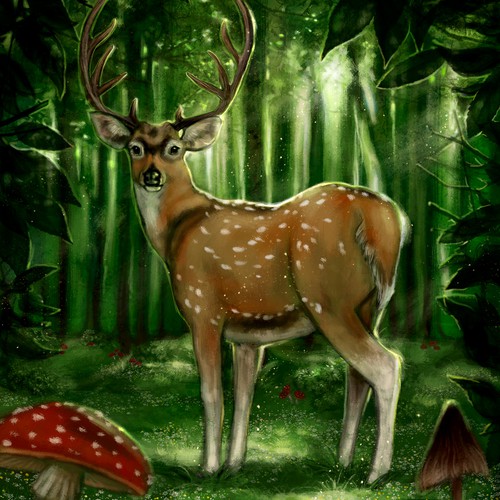 Forest artwork with the title 'Deer Art Piece Wanted for Home - Get Creative!'