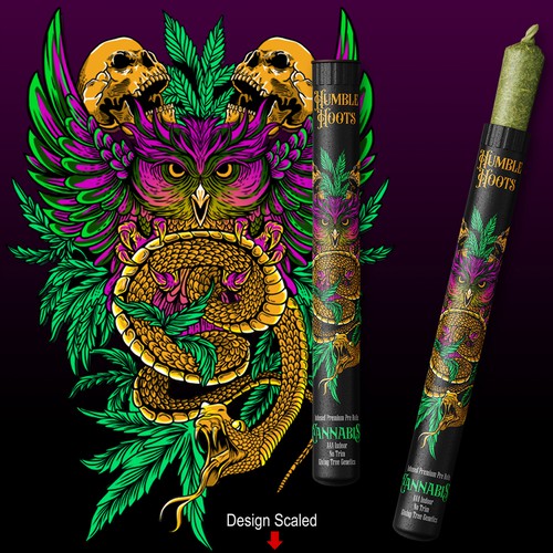 Cannabis packaging with the title 'Cannabis Contest Humboldt Hoots Pre-Roll Package Tubes3'