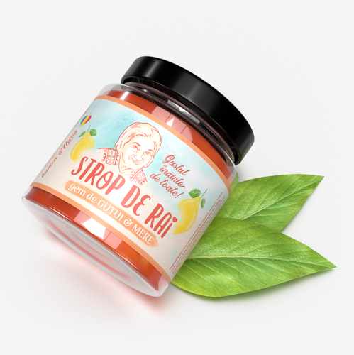 Colorful label with the title 'Strop de Rai (Sprinkle of Heaven) - Quince Jam with Apple'