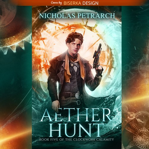 Steampunk book cover with the title 'Aether Hunt Cover by Biserka Design'