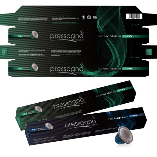 Capsule packaging with the title ' PRESSOGNO PREMIUM LINE BOX OF 10 '