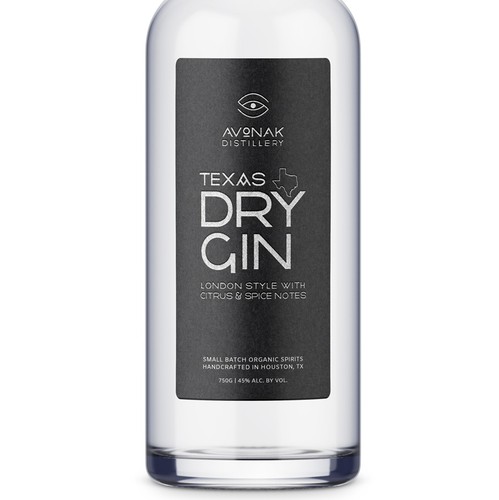 Distillery label with the title 'Gin label contest finalist'