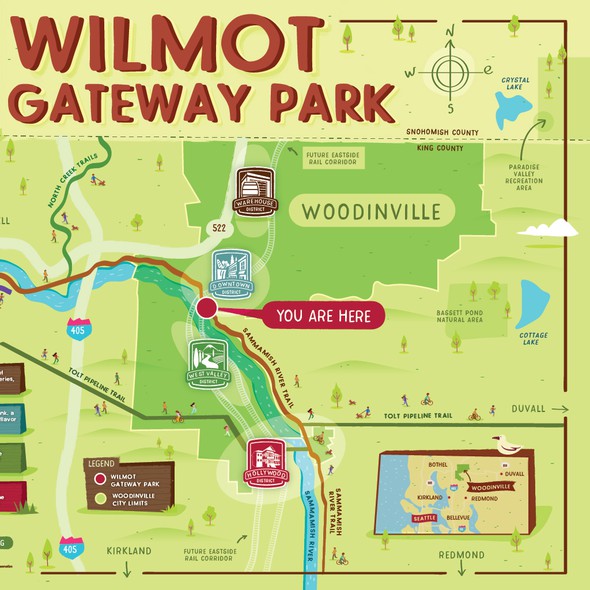 Tree illustration with the title 'Illustrated map of Woodinville districts, WA'