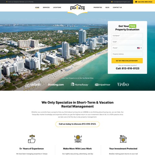 Real estate website with the title 'Home page design For Vacation Rental Management Company'