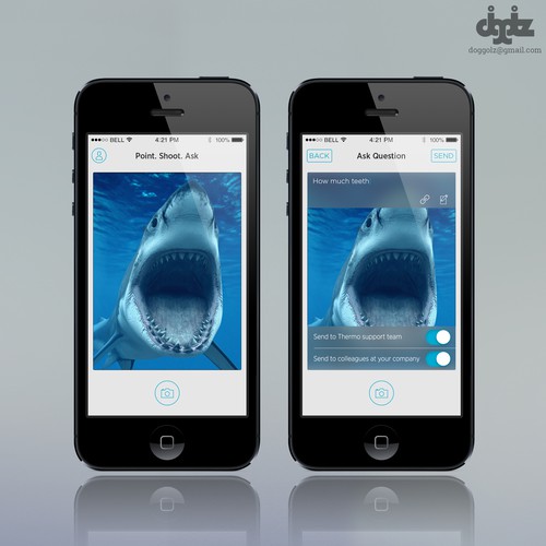 IPhone design with the title 'Help design a picture based Q&A (support) app'