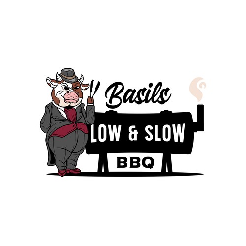 BBQ logo with the title 'Basils Low & Slow BBQ'