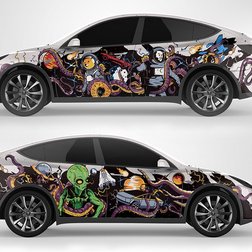 Alien artwork with the title 'Tesla Model Y Car Wrap'