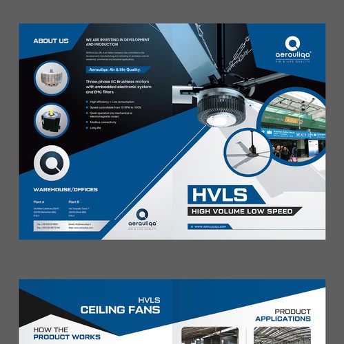 Product catalog design with the title 'HVLS Ceiling Fan Bifold Brochure Design'