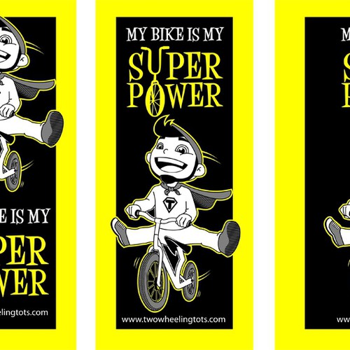 Bike artwork with the title 'Create an illustration of a toddler acting like a super hero on a balance bike for use on a T-shirt'
