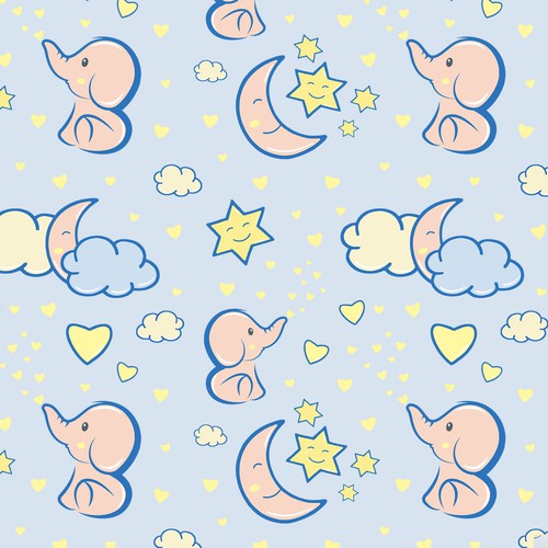 Sweet illustration with the title 'Pattern for Baby Product with Elefants, Stars, Moons and Hearts'