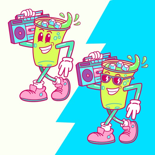 Soda design with the title '90s-inspired mascot designs for a fun and nostalgic dirty soda pop-up stand brand'