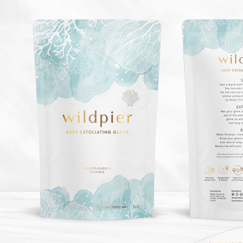 Pouch design with the title 'Exfoliating Glove Packaging Design'