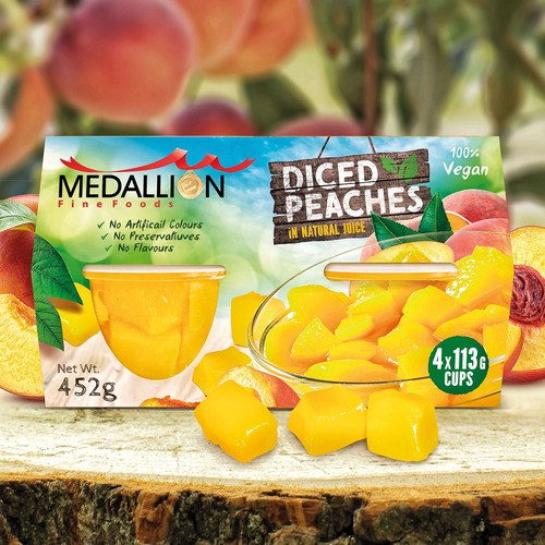 Smoothie packaging with the title 'Diced peaches packaging design.'
