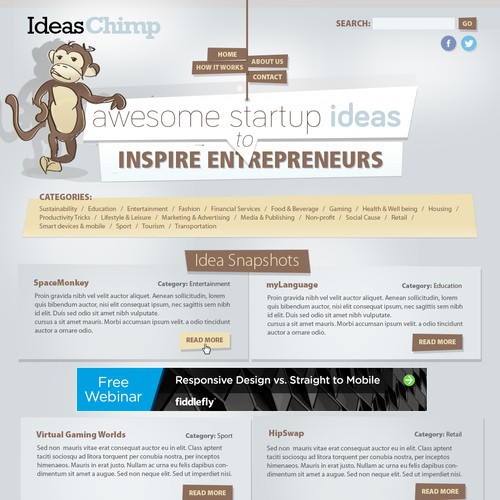 Startup website with the title 'IdeasChimp - 'awesome startup ideas to inspire entrepreneurs' needs a new website design'