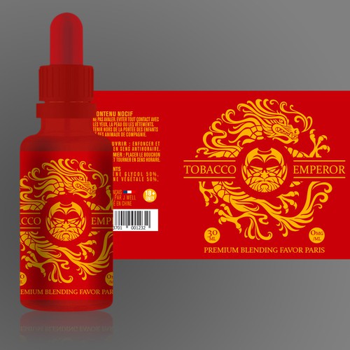 Sticker label with the title 'Sticker design for Tobacco Emperor By JWELL -  ELIQUID Bottle'