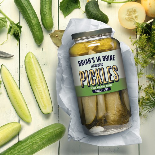 Pickle design with the title 'Brian's in Brine Pickle label design'