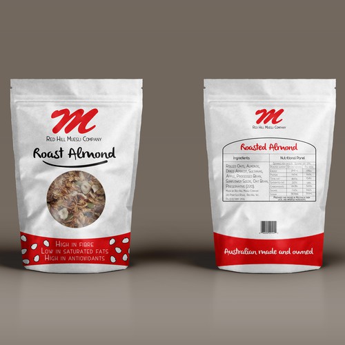 Red packaging with the title 'Packaging proposal for Roast Almond Muesli'