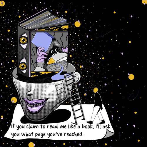 Star illustration with the title '"If you claim to read me like  a book,I´ll ask  you what  page  you´ve  reached"'