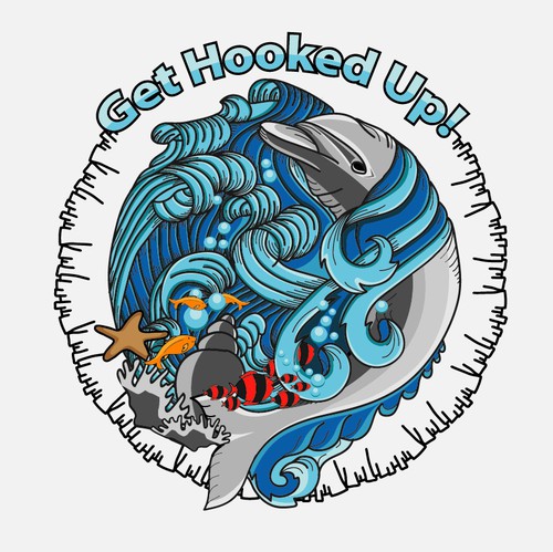 Dolphin design with the title 'HookedUpFishing.com'