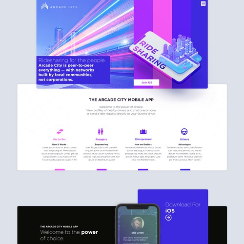 Taxi design with the title 'Landing page concept for a  ridesharing startup.'