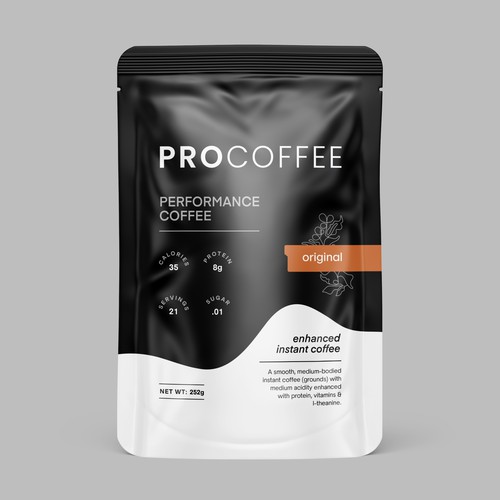 Black and white packaging with the title 'Design product packaging for a health focused coffee brand'