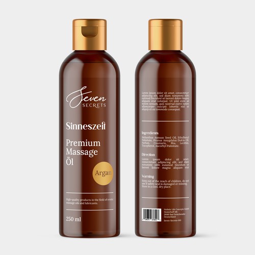 Label packaging with the title 'Sinneszeit - Premium Massage Öl'
