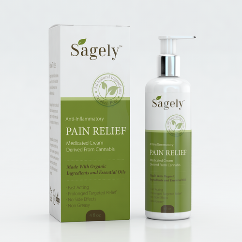 Cannabis packaging with the title 'Pain relief cream'