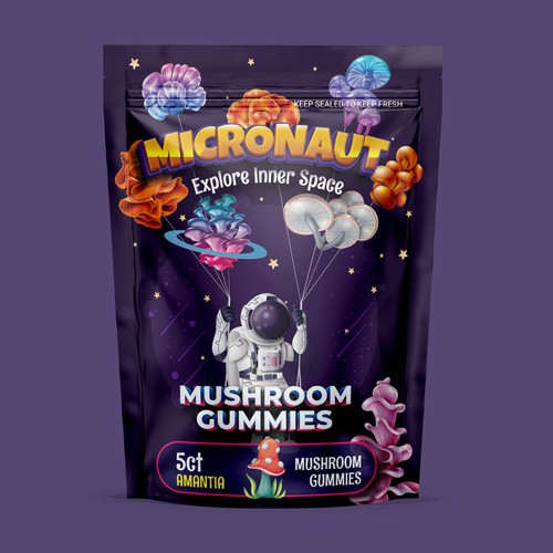 Gummy packaging with the title 'Mushroom gummies package design'