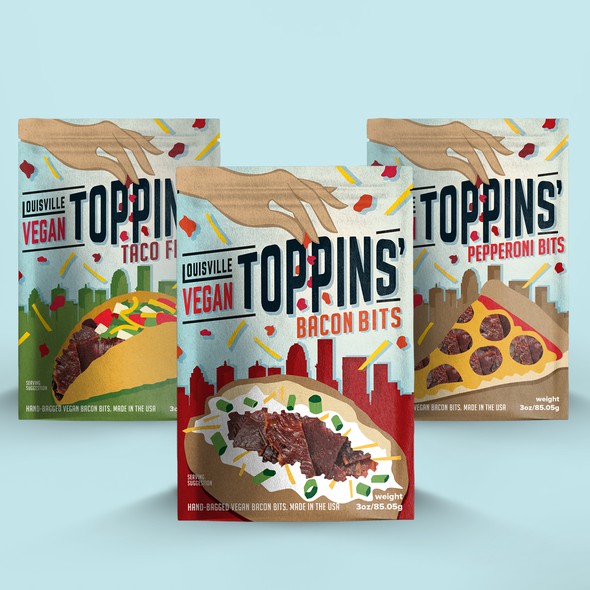 Vegan food packaging with the title 'Louisville Vegan Toppins''
