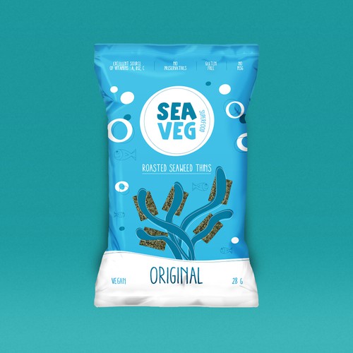 Chip design with the title 'Label for SeaVeg, seaweed snack'