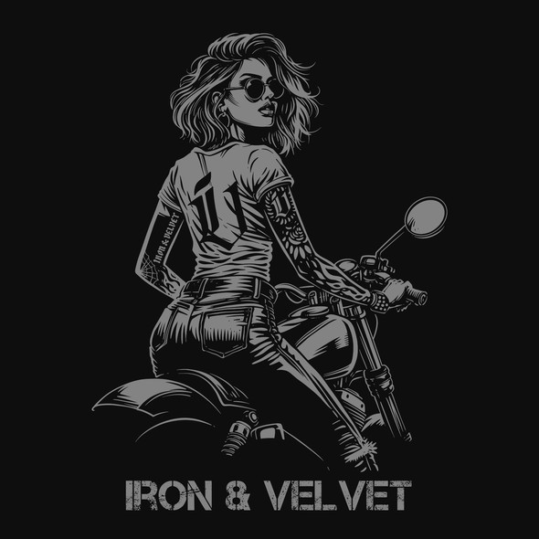 Motorcycle design with the title 'Iron & Velvet – Bold Biker Woman Graphic Tee'