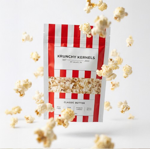 Packaging with the title 'Premium and fashionable popcorn packaging design'