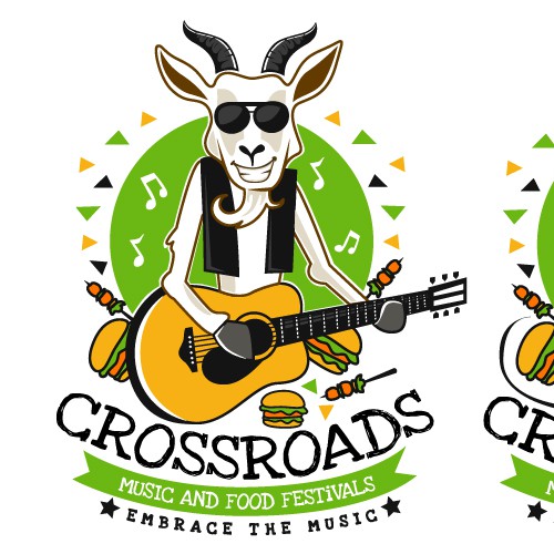 Guitar design with the title 'create a fun logo with a smiling /dancing  goat playing a blues guitar! Eco -friendly, high energy and cool!'