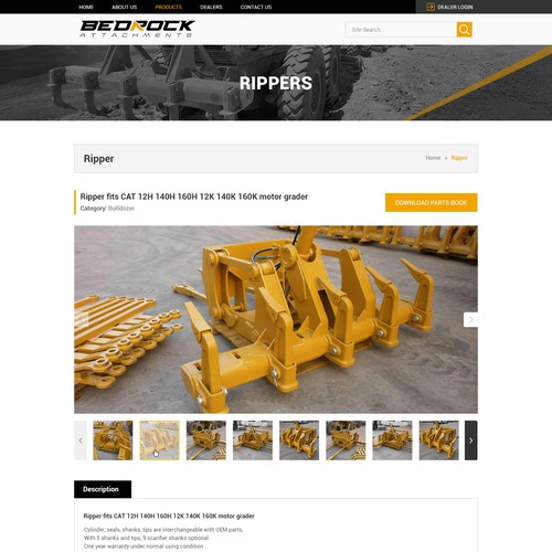 Machine design with the title 'Original website for BEDROCK heavy machinery - Product Detail Page'
